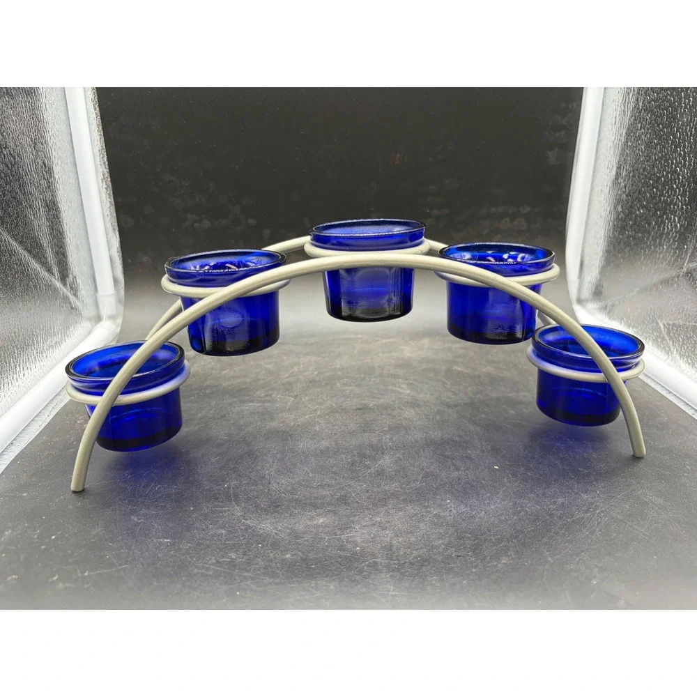Cobalt Blue Glass Votive Candle Holder Set 5 Cup Arched Silver Metal Stand 12in